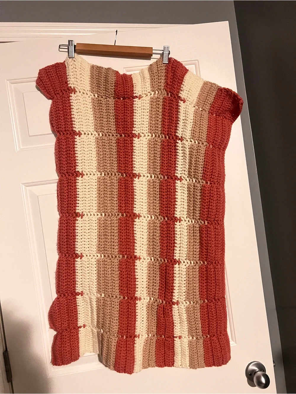 Striped Crochet Knit Sweater Vest in Rust, Cream & Tan